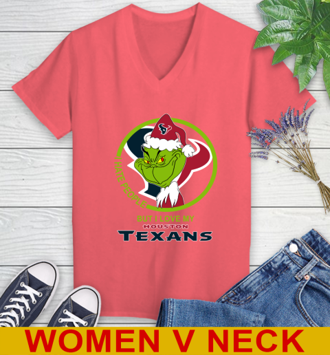 Houston Texans NFL Christmas Grinch I Hate People But I Love My Favorite Football Team Women's V-Neck T-Shirt 7