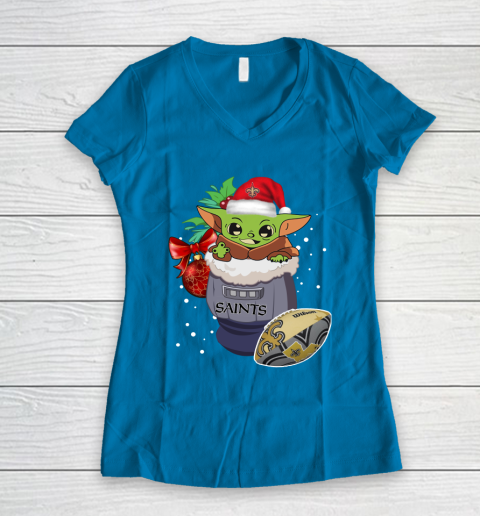 New Orleans Saints Christmas Baby Yoda Star Wars Funny Happy NFL Women's V-Neck T-Shirt 7