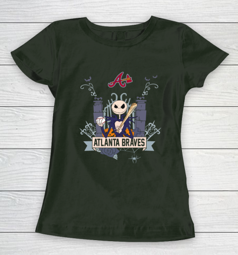 MLB Atlanta Braves Baseball Jack Skellington Halloween Women's T-Shirt 4