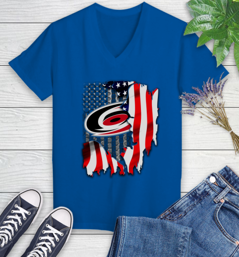 Carolina Hurricanes NHL Hockey American Flag Women's V-Neck T-Shirt 10