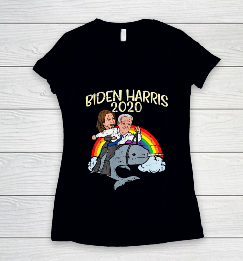 Biden Harris 2020 Narwhale Rainbow Funny Joe Kamala Democrat Women's V-Neck T-Shirt