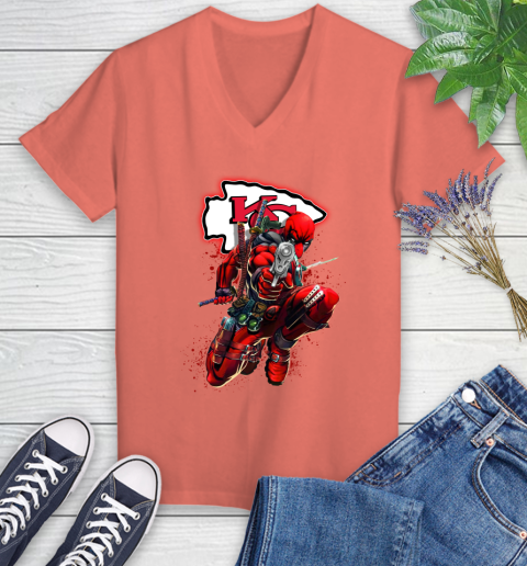 NFL Deadpool Marvel Comics Sports Football Kansas City Chiefs Women's V-Neck T-Shirt 6