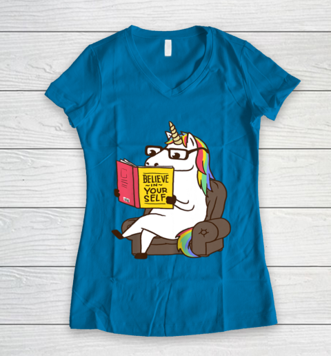 Unicorn Shirt Believe in Yourself Motivational Book Lover Women's V-Neck T-Shirt 7