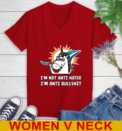 Miami Dolphins NFL Football Unicorn I'm Not Anti Hater I'm Anti Bullshit Women's V-Neck T-Shirt 12