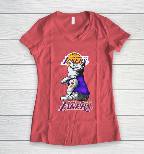 NBA Basketball My Cat Loves Los Angeles Lakers Women's V-Neck T-Shirt 4