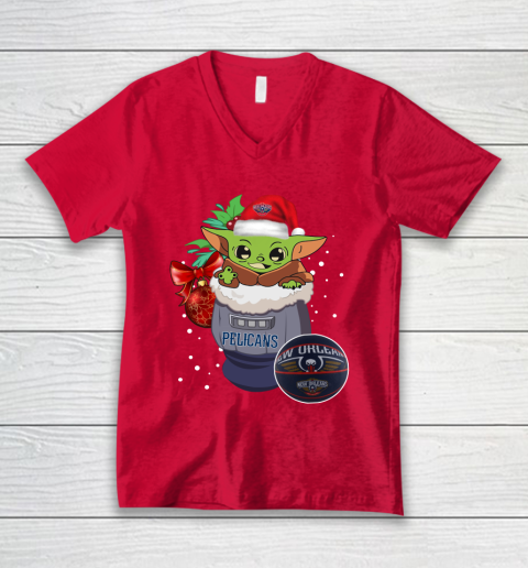 New Orleans Pelicans Christmas Baby Yoda Star Wars Funny Happy NBA V-Neck T-Shirt 7
