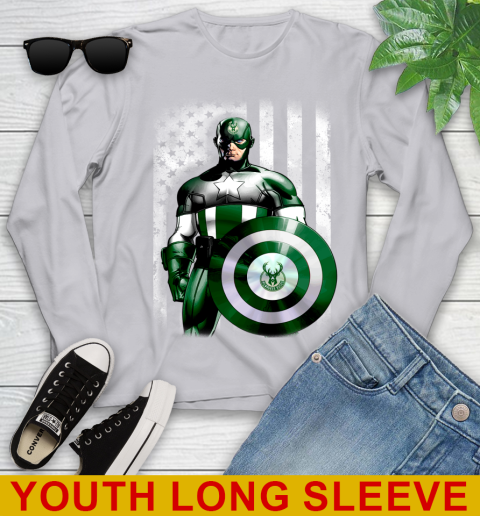 Milwaukee Bucks NBA Basketball Captain America Marvel Avengers American Flag Shirt Youth Long Sleeve 5