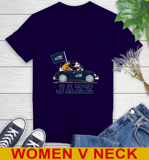 NBA Basketball Utah Jazz Pluto Mickey Driving Disney Shirt Women's V-Neck T-Shirt 4