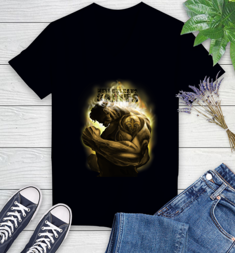 New Orleans Saints NFL Football Hulk Marvel Avengers Sports Women's V-Neck T-Shirt