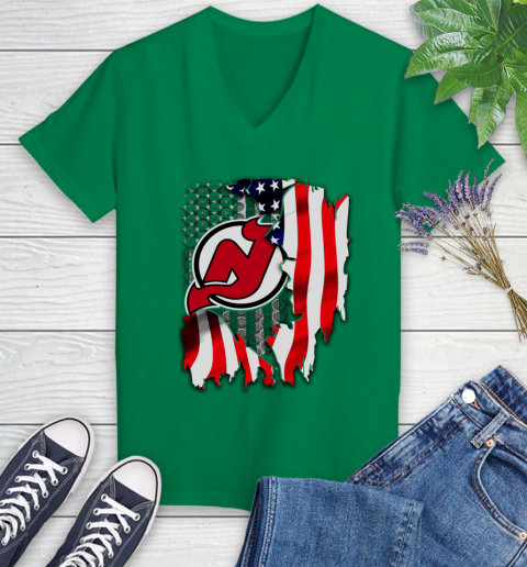 New Jersey Devils NHL Hockey American Flag Women's V-Neck T-Shirt 5
