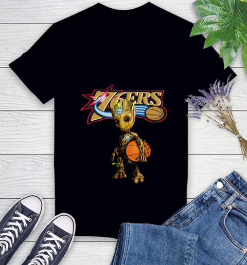 Philadelphia 76ers NBA Basketball Groot Marvel Guardians Of The Galaxy Women's V-Neck T-Shirt 2