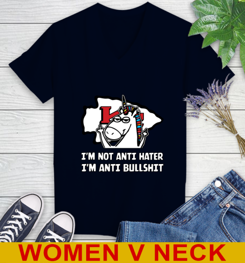 Kansas City Chiefs NFL Football Unicorn I'm Not Anti Hater I'm Anti Bullshit Women's V-Neck T-Shirt 3