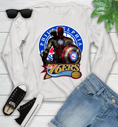 Philadelphia 76ers NBA Basketball Captain America Thor Spider Man Hawkeye Avengers (1) Youth Long Sleeve