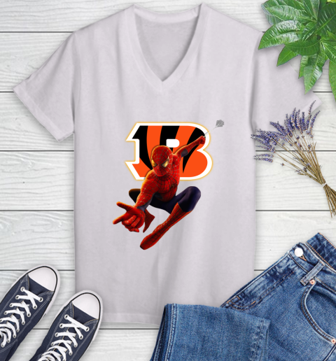 NFL Spider Man Avengers Endgame Football Cincinnati Bengals Women's V-Neck T-Shirt