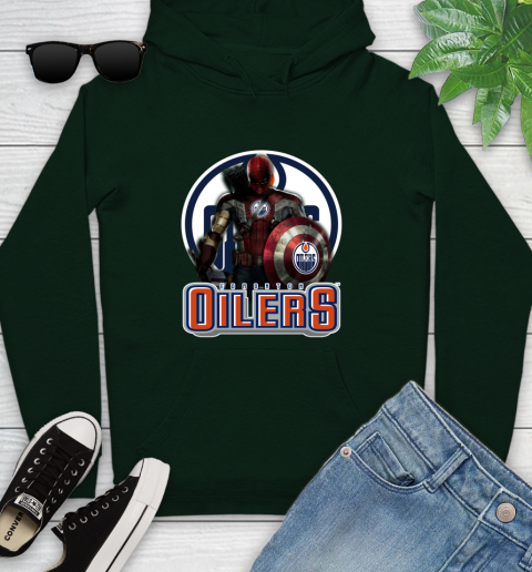 NHL Captain America Thor Spider Man Hawkeye Avengers Endgame Hockey Edmonton Oilers Youth Hoodie 13