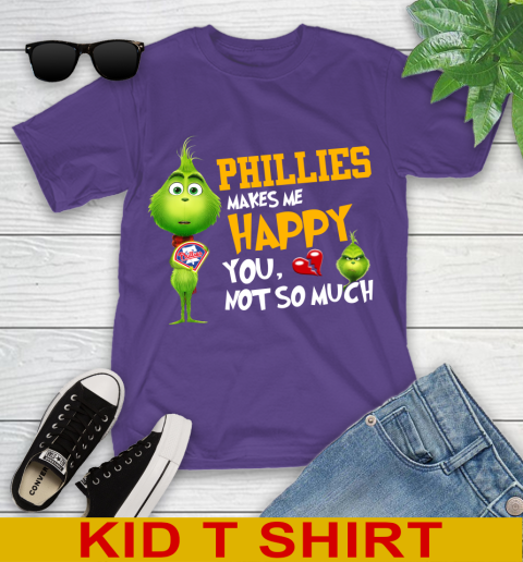 MLB Philadelphia Phillies Makes Me Happy You Not So Much Grinch Baseball Sports Youth T-Shirt 3
