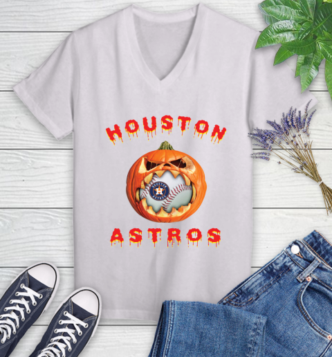 MLB Houston Astros Halloween Pumpkin Baseball Sports Women's V-Neck T-Shirt