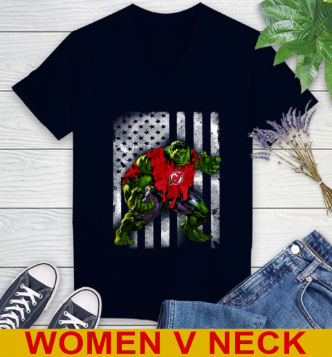 New Jersey Devils Hulk Marvel Avengers NHL Hockey American Flag Women's V-Neck T-Shirt 2