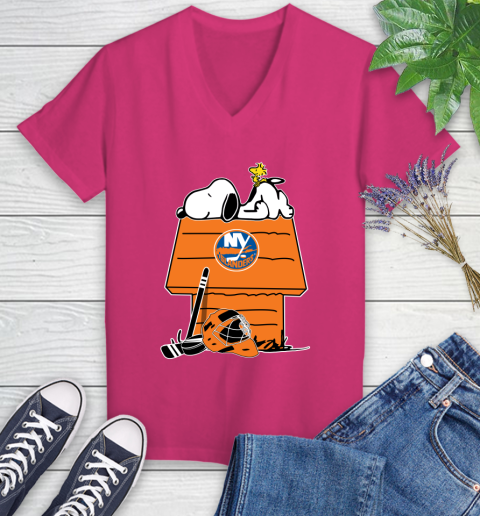 New York Islanders NHL Hockey Snoopy Woodstock The Peanuts Movie (1) Women's V-Neck T-Shirt 9