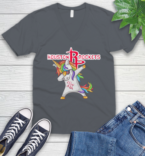 Houston Rockets NBA Basketball Funny Unicorn Dabbing Sports V-Neck T-Shirt 5