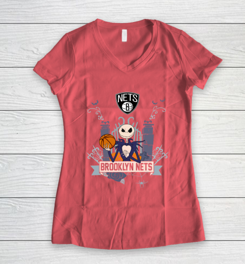 NBA Brooklyn Nets Basketball Jack Skellington Halloween Women's V-Neck T-Shirt 4