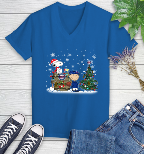 MLB Minnesota Twins Snoopy Charlie Brown Christmas Baseball Commissioner's Trophy Women's V-Neck T-Shirt 10