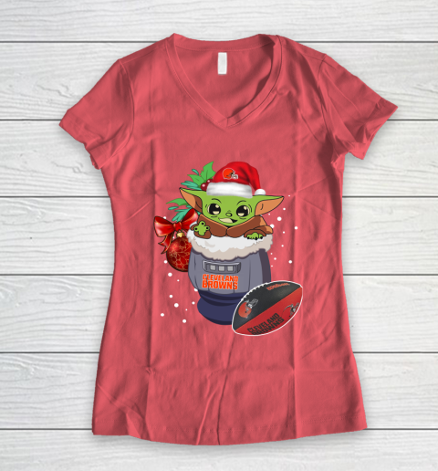 Cleveland Browns Christmas Baby Yoda Star Wars Funny Happy NFL Women's V-Neck T-Shirt 6