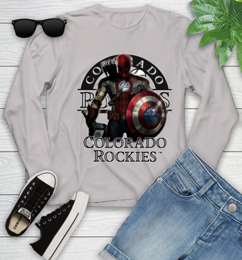 MLB Captain America Thor Spider Man Hawkeye Avengers Endgame Baseball Colorado Rockies Youth Long Sleeve 12