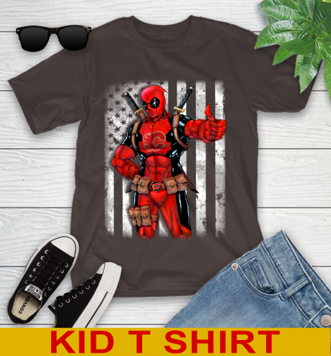 NHL Hockey Calgary Flames Deadpool American Flag Shirt Youth T-Shirt 6