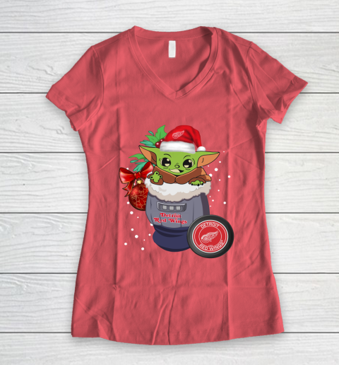 Detroit Red Wings Christmas Baby Yoda Star Wars Funny Happy NHL Women's V-Neck T-Shirt 6