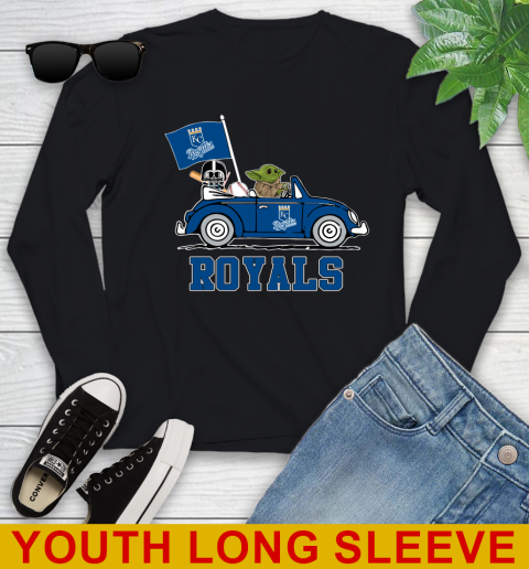 MLB Baseball Kansas City Royals Darth Vader Baby Yoda Driving Star Wars Shirt Youth Long Sleeve 2