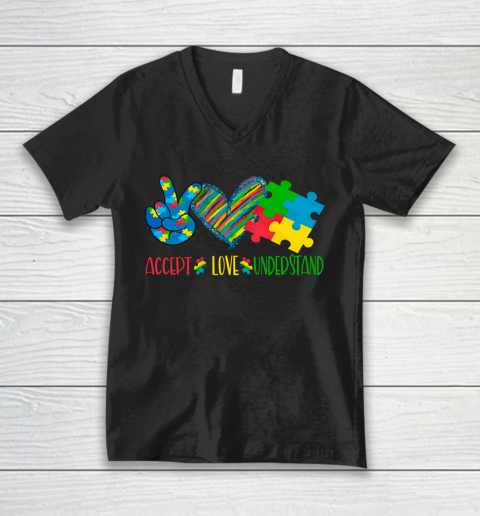 Autism Awareness Peace Love Autism V-Neck T-Shirt