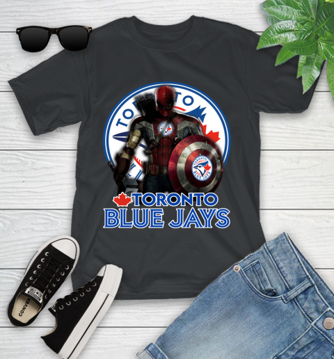 MLB Captain America Thor Spider Man Hawkeye Avengers Endgame Baseball Toronto Blue Jays Youth T-Shirt 2
