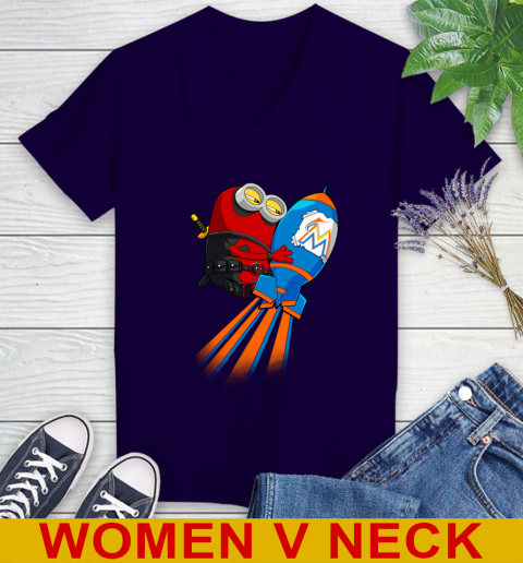 MLB Baseball Miami Marlins Deadpool Minion Marvel Shirt Women's V-Neck T-Shirt 3