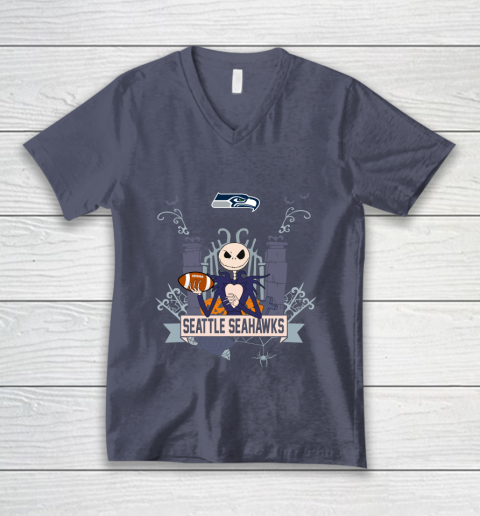 NFL Seattle Seahawks Football Jack Skellington Halloween V-Neck T-Shirt 7