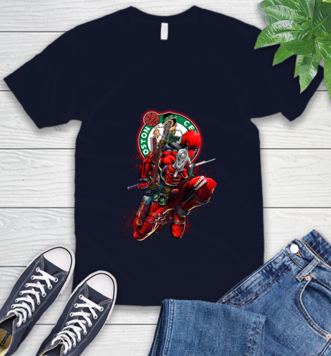 NBA Deadpool Marvel Comics Sports Basketball Boston Celtics V-Neck T-Shirt 3