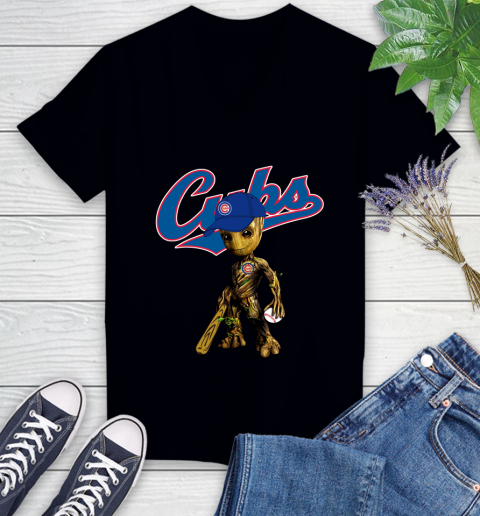 MLB Chicago Cubs Groot Guardians Of The Galaxy Baseball Women's V-Neck T-Shirt 2