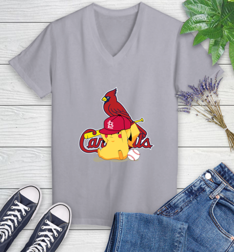 MLB Pikachu Baseball Sports St.Louis Cardinals Women's V-Neck T-Shirt 4
