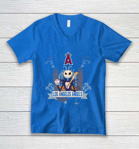 MLB Los Angeles Angels Baseball Jack Skellington Halloween V-Neck T-Shirt 5