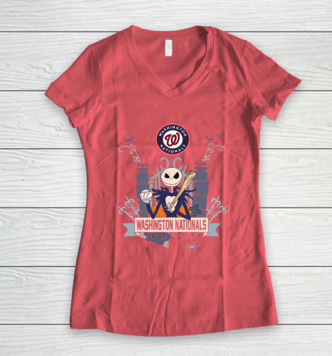 MLB Washington Nationals Baseball Jack Skellington Halloween Women's V-Neck T-Shirt 4