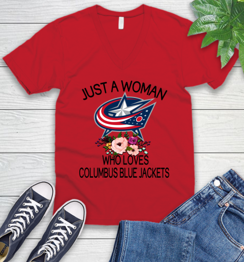 NHL Just A Woman Who Loves Columbus Blue Jackets Hockey Sports V-Neck T-Shirt 4
