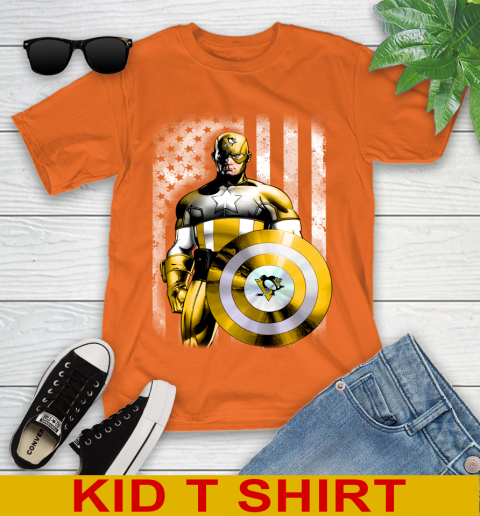 Pittsburgh Penguins NHL Hockey Captain America Marvel Avengers American Flag Shirt Youth T-Shirt 8