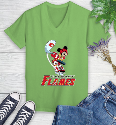 NHL Hockey Calgary Flames Cheerful Mickey Mouse Shirt Women's V-Neck T-Shirt 9