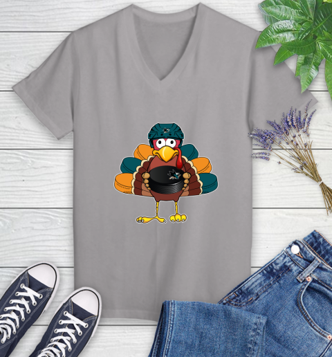 San Jose Sharks Turkey Thanksgiving Day Women's V-Neck T-Shirt 4