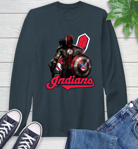 MLB Captain America Thor Spider Man Hawkeye Avengers Endgame Baseball Cleveland Indians Long Sleeve T-Shirt 8