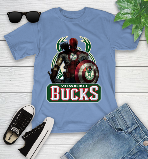 Milwaukee Bucks NBA Basketball Captain America Thor Spider Man Hawkeye Avengers Youth T-Shirt 11