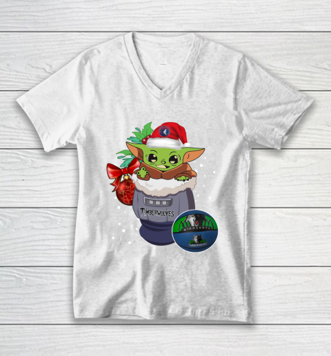 Minnesota Timberwolves Christmas Baby Yoda Star Wars Funny Happy NBA V-Neck T-Shirt 2
