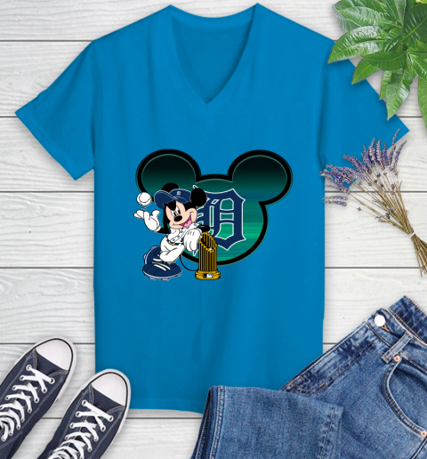 MLB Detroit Tigers The Commissioner's Trophy Mickey Mouse Disney Women's V-Neck T-Shirt 7