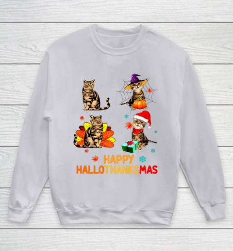 Cat Halloween Thanksgiving Christmas Happy Hallothanksmas Youth Sweatshirt 3