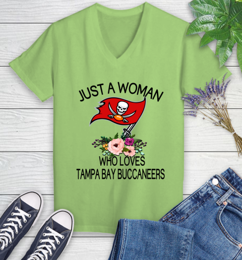 NFL Just A Woman Who Loves Tampa Bay Buccaneers Football Sports Women's V-Neck T-Shirt 6